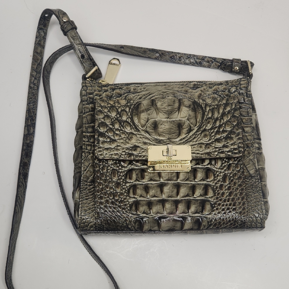 Brahmin Olive Croc-Embossed Leather Crossbody with Gold Hardware